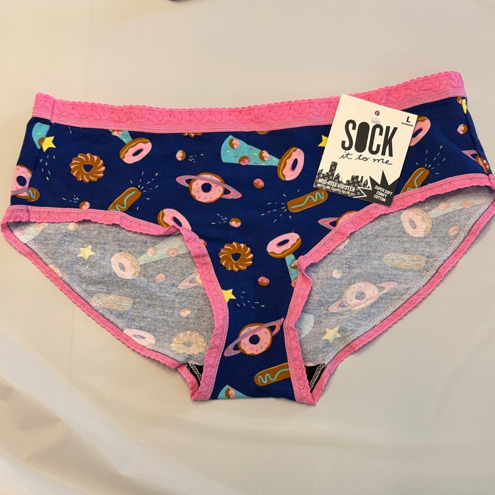 Women’s mid-rise hipster, cotton- Blue and Pink “glazed” donut/space pattern
